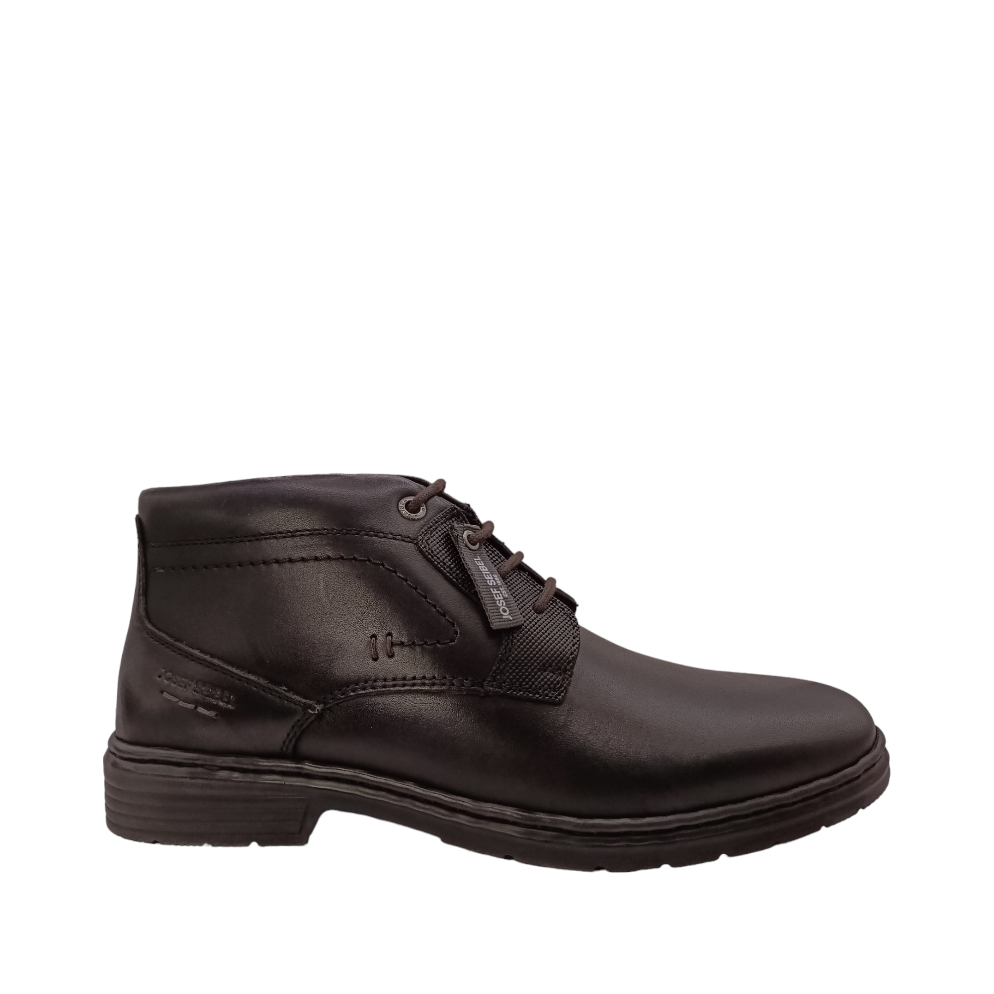 Front side view of Black Anvers 17 Josef Seibel boot. Hand stitched details with laces up front and a side zip on the inner side of boot. Shop Mens Boots online and in-store with shoe&me Mount Maunganui Tauranga.
