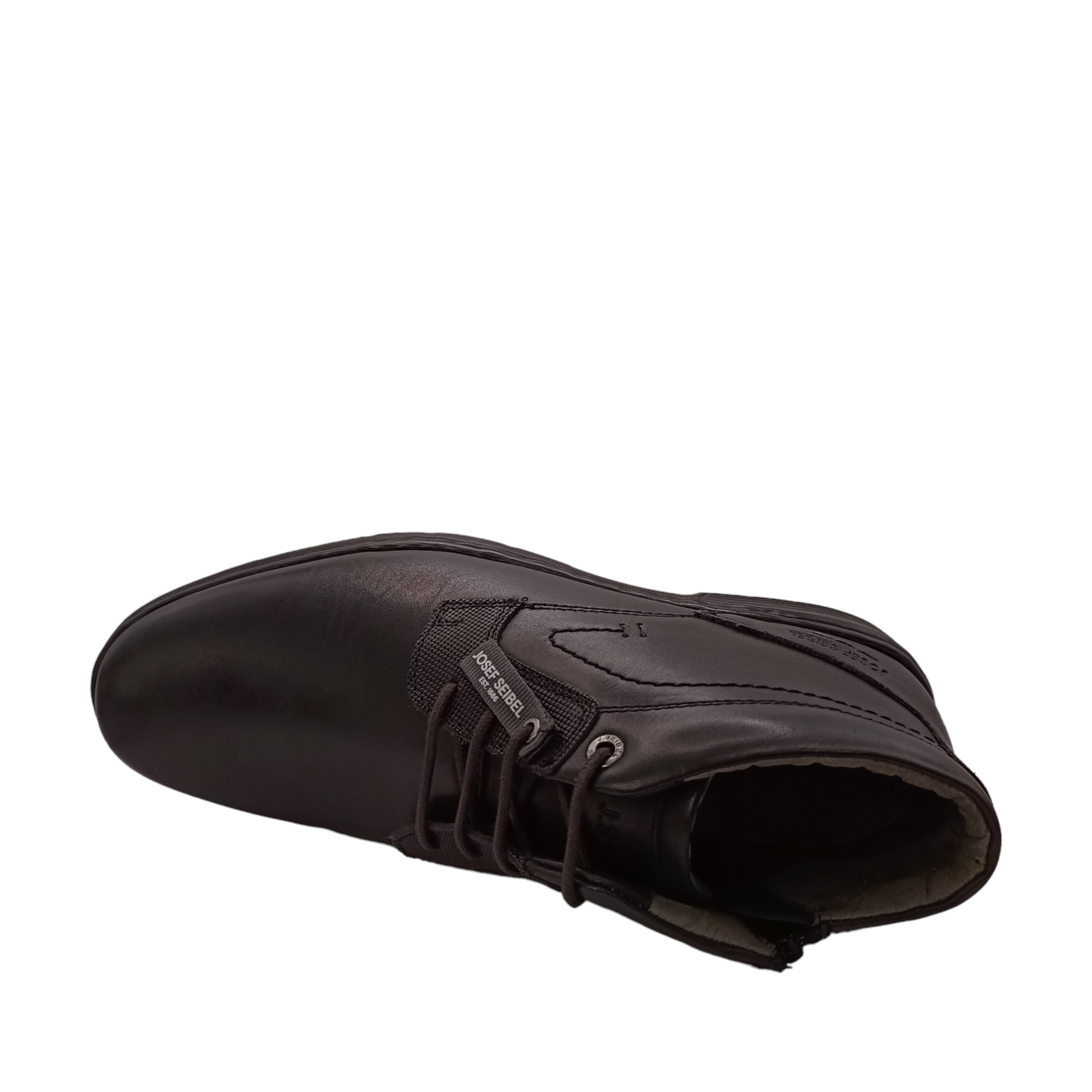 Top view of Black Anvers 17 Josef Seibel boot. Hand stitched details with laces up front and a side zip on the inner side of boot. Shop Mens Boots online and in-store with shoe&me Mount Maunganui Tauranga.
