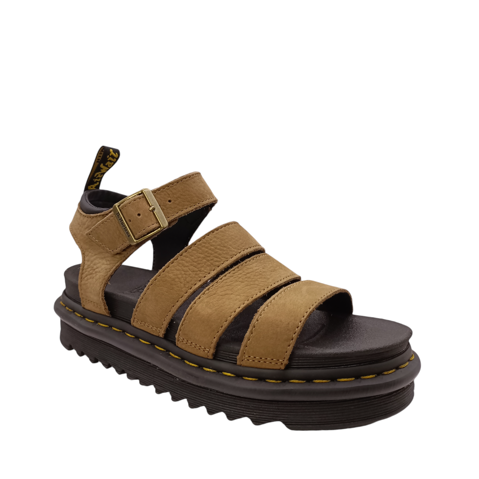 Side angle view of Savannah Tan Nubuck Blair Dr. Martens Sandal. Yellow stitching of sole, black and yellow pull tab on heel. Gold Buckle on ankle strap. Three over the top of the foot straps. Shop Womens Dr. Marten Sandals Online and in-store with shoe&me Mount Maunganui.