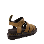 Back angle view of Savannah Tan Nubuck Blair Dr. Martens Sandal. Yellow stitching of sole, black and yellow pull tab on heel. Gold Buckle on ankle strap. Three over the top of the foot straps. Shop Womens Dr. Marten Sandals Online and in-store with shoe&me Mount Maunganui.