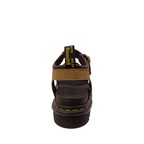 Heel view of Savannah Tan Nubuck Blair Dr. Martens Sandal. Yellow stitching of sole, black and yellow pull tab on heel. Gold Buckle on ankle strap. Three over the top of the foot straps. Shop Womens Dr. Marten Sandals Online and in-store with shoe&me Mount Maunganui.