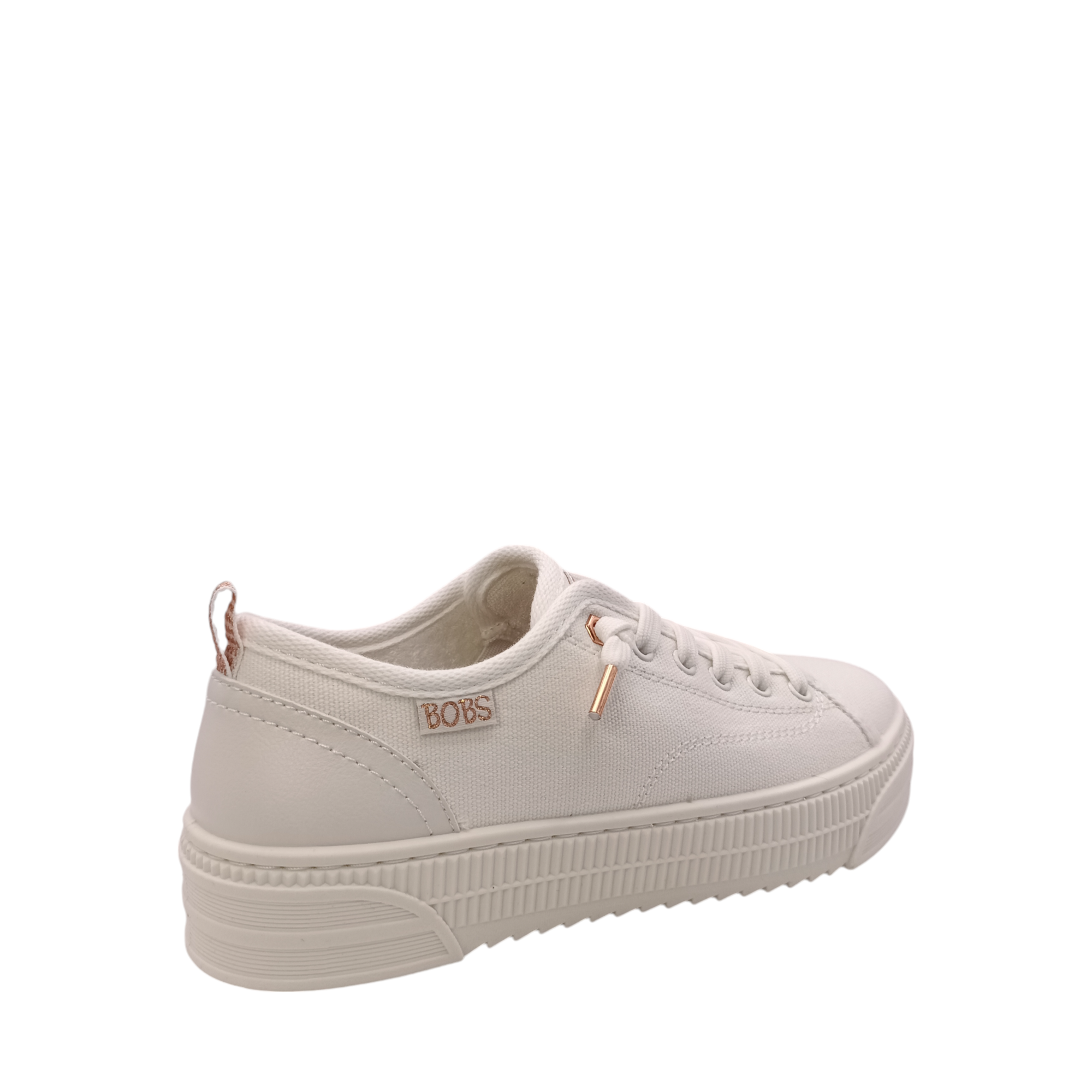 Back angle view of Bobs Copa Skechers sneaker. White vegan sneaker with rose gold heel pull-tab and lace accents. White sole. Shop Womens White Sneaker and Skechers Online and In-store with shoe&me Mount Maunganui