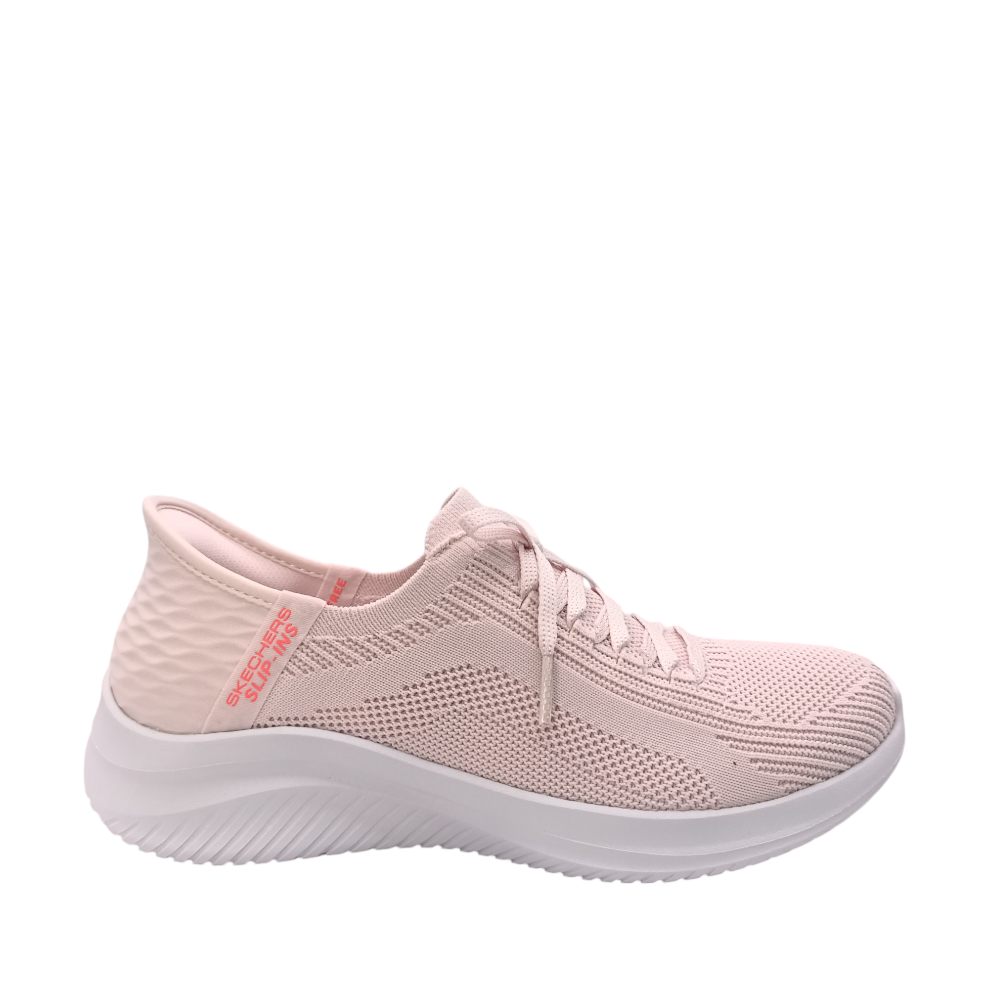 Side view of Brilliant Path light pink slip-in sneaker with white sole. Shop Womens Sneakers and Skechers Online and In-store with shoe&me Mount Maunganui