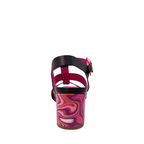 Back view of Colette from Capelli Rossi. Black leather heel with a bright swirl coloured block heel of pinks and purple with a matching buckle. Shop womens heels with shoe&me Mount Maunganui NZ