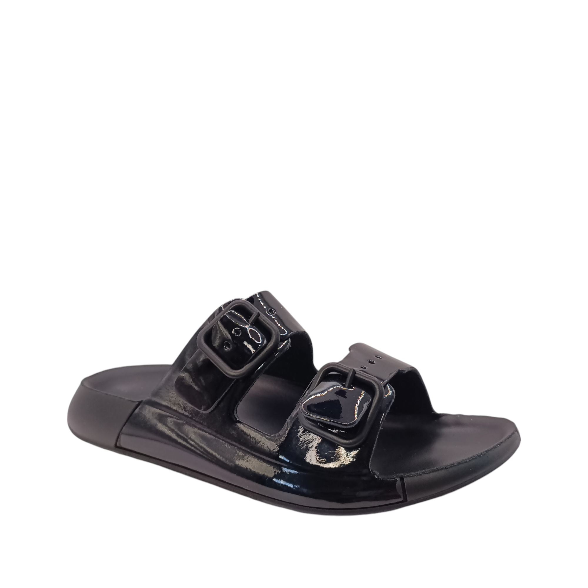 Front side view of Cozmo Buckle Slide Womens Ecco. Black patent leather lined slide with 2 adjustable straps over the top of the foot. Shop Womens summer slides and sandals online and in-store with shoe&me Mount Maunganui NZ