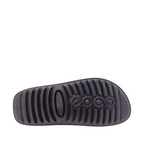 Sole view of Cozmo Buckle Slide Womens Ecco. Black matte leather upper and black sole. 2 Adjustable two-strap slide sandal perfect for summer. Shop Womens summer slides and sandals online and in-store with shoe&me Mount Maunganui NZ