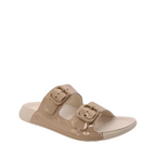 Side angled view of Cozmo Buckle Slide Womens Ecco. Bone coloured sole and a 2 straps over the top of the foot of patent leather nude toffee. Adjustable two-strap slide sandal perfect for summer. Shop Womens summer slides and sandals online and in-store with shoe&me Mount Maunganui NZ