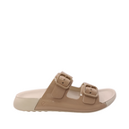 Side view of Cozmo Buckle Slide Womens Ecco. Bone coloured sole and a 2 straps over the top of the foot of patent leather nude toffee. Adjustable two-strap slide sandal perfect for summer. Shop Womens summer slides and sandals online and in-store with shoe&me Mount Maunganui NZ