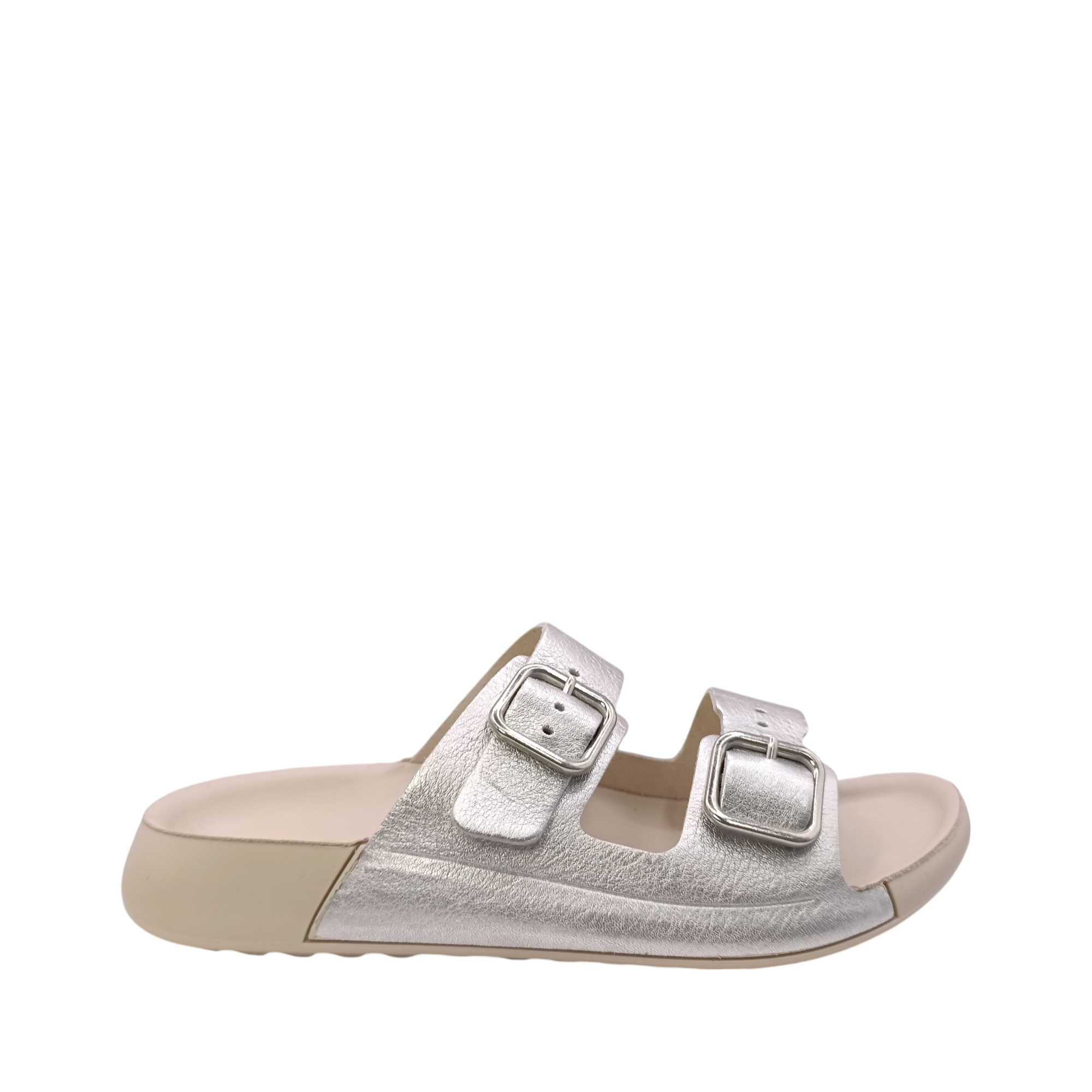 Side view of Cozmo Buckle Slide Womens Ecco. Bone coloured sole and 2 straps over the top of the foot in a soft silver leather. Adjustable two-strap slide sandal perfect for summer. Shop Womens summer slides and sandals online and in-store with shoe&me Mount Maunganui NZ