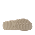 Side view of Cozmo Buckle Slide Womens Ecco. Bone coloured sole and 2 straps over the top of the foot in a soft silver leather. Adjustable two-strap slide sandal perfect for summer. Shop Womens summer slides and sandals online and in-store with shoe&me Mount Maunganui NZ