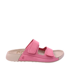 Side view of Cozmo Womens Ecco Slide. Bubblegum pink coloured leather upper with a bone coloured sole. Velcro adjustable two-strap slide. Shop Womens summer slides and sandals online and in-store with shoe&me Mount Maunganui NZ