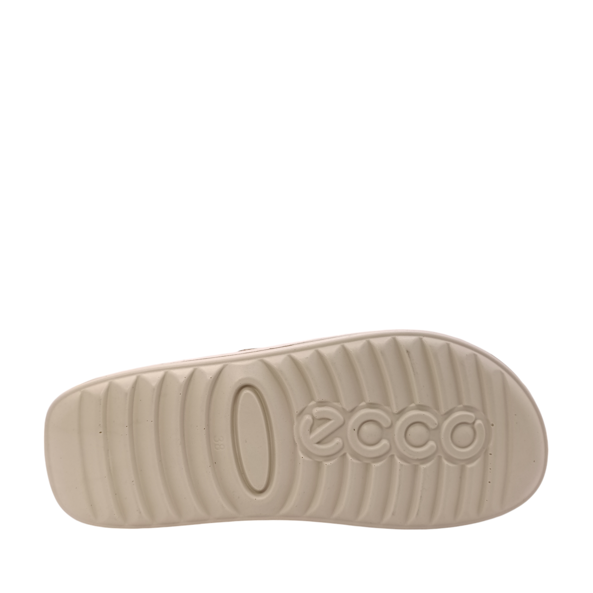 Sole view of Cozmo Womens Ecco Slide. Light Beige coloured sole, Velcro adjustable two-strap slide. Shop Womens summer slides and sandals online and in-store with shoe&me Mount Maunganui NZ