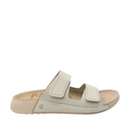 Side view of Cozmo Womens Ecco Slide. Bone coloured sole and a Matcha coloured, pale green Velcro adjustable two-strap slide. Shop Womens summer slides and sandals online and in-store with shoe&me Mount Maunganui NZ