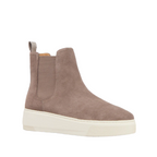 Side angled view of Crawford Frankie4 Dark taupe Suede Boot with white sole, dark taupe elastic gussets on both sides with heel pull tab.