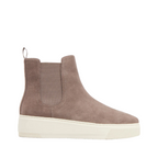 Side angled view of Crawford Frankie4 Dark taupe Suede Boot with white sole, dark taupe elastic gussets on both sides with heel pull tab. Shop Online and In-store with shoe&me NZ