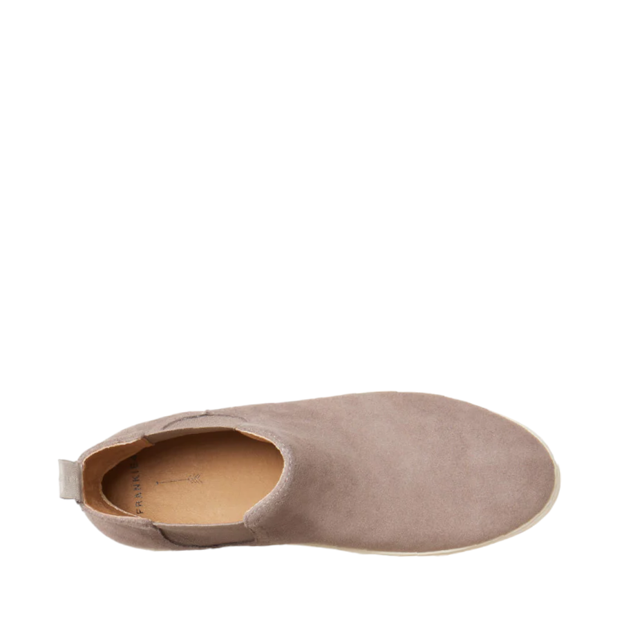 Top view of Crawford Frankie4 Dark taupe Suede Boot with white sole, dark taupe elastic gussets on both sides with heel pull tab. Shop online and in-store with shoe&me.