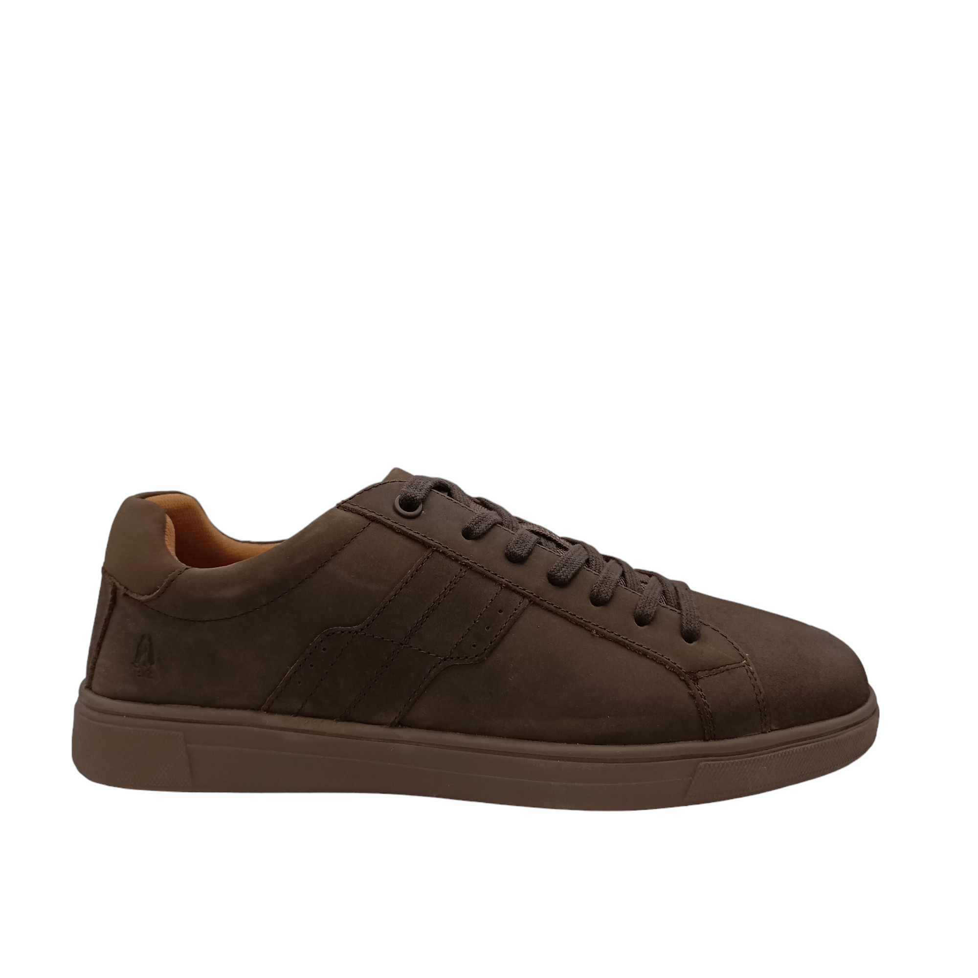 Gravity Leather from Hush Puppies. side angled view of brown oiled leather lace up shoe with dark brown flat laces. Lightening pattern from laces down to dark brown sole. Shop Online and In-store with shoe&me Mount Maunganui
