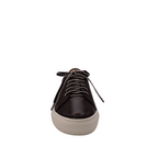 front view of Womens Frankie4 Black tumbled leather shoe with bright white sole and black laces with white edges. Shop Womens comfy and supportive sneakers, designed by podiatrists