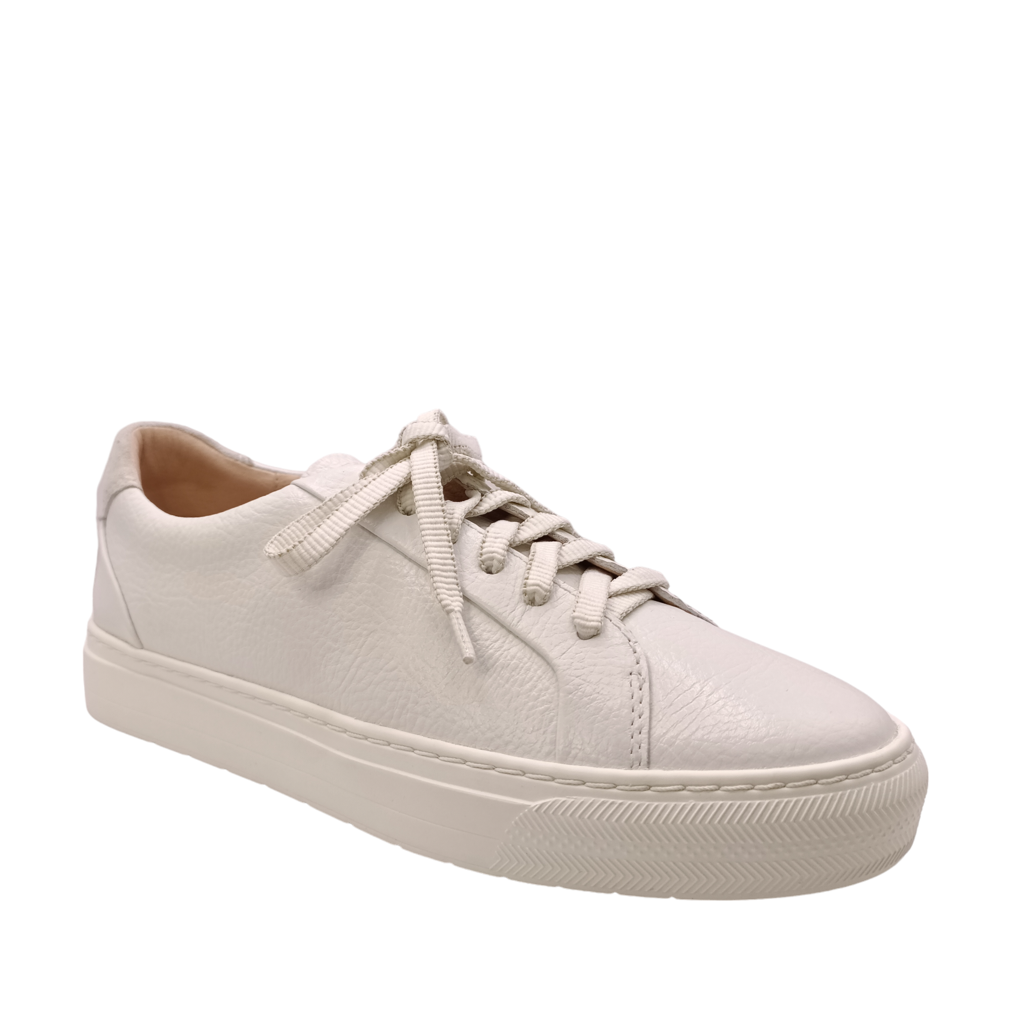 Womens Frankie4 White tumbled leather shoe with bright white sole and white laces with beige edges. Shop Womens comfy and supportive sneakers, designed by podiatrists