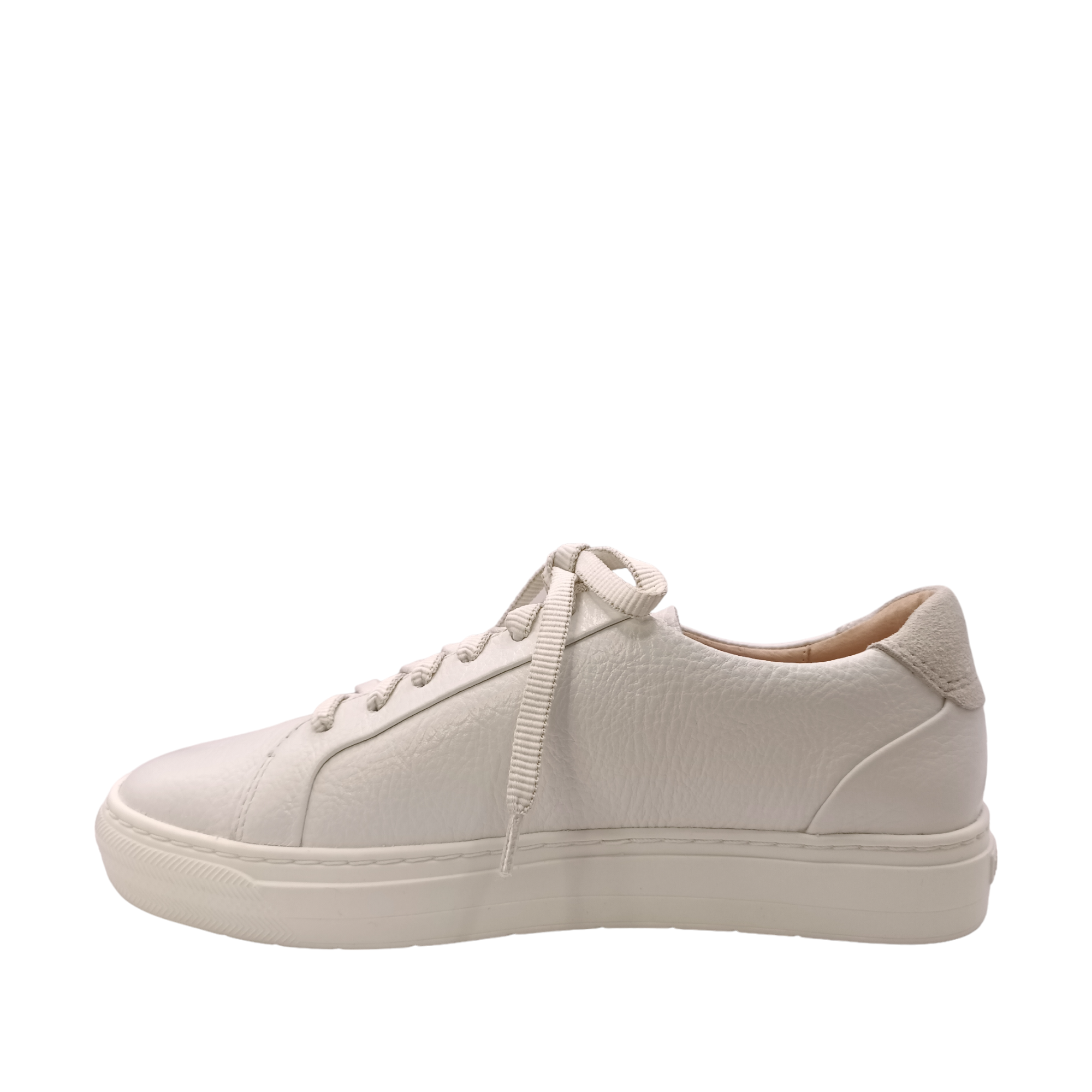 Womens Frankie4 White tumbled leather shoe with bright white sole and white laces with white edges. Shop Womens comfy and supportive sneakers, designed by podiatrists