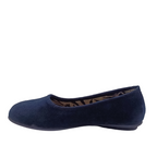Side view of navy Nuzzle Slippers with zebra print lining. Shop Womens Slippers and Shoes Online and In-store with shoe&me.
