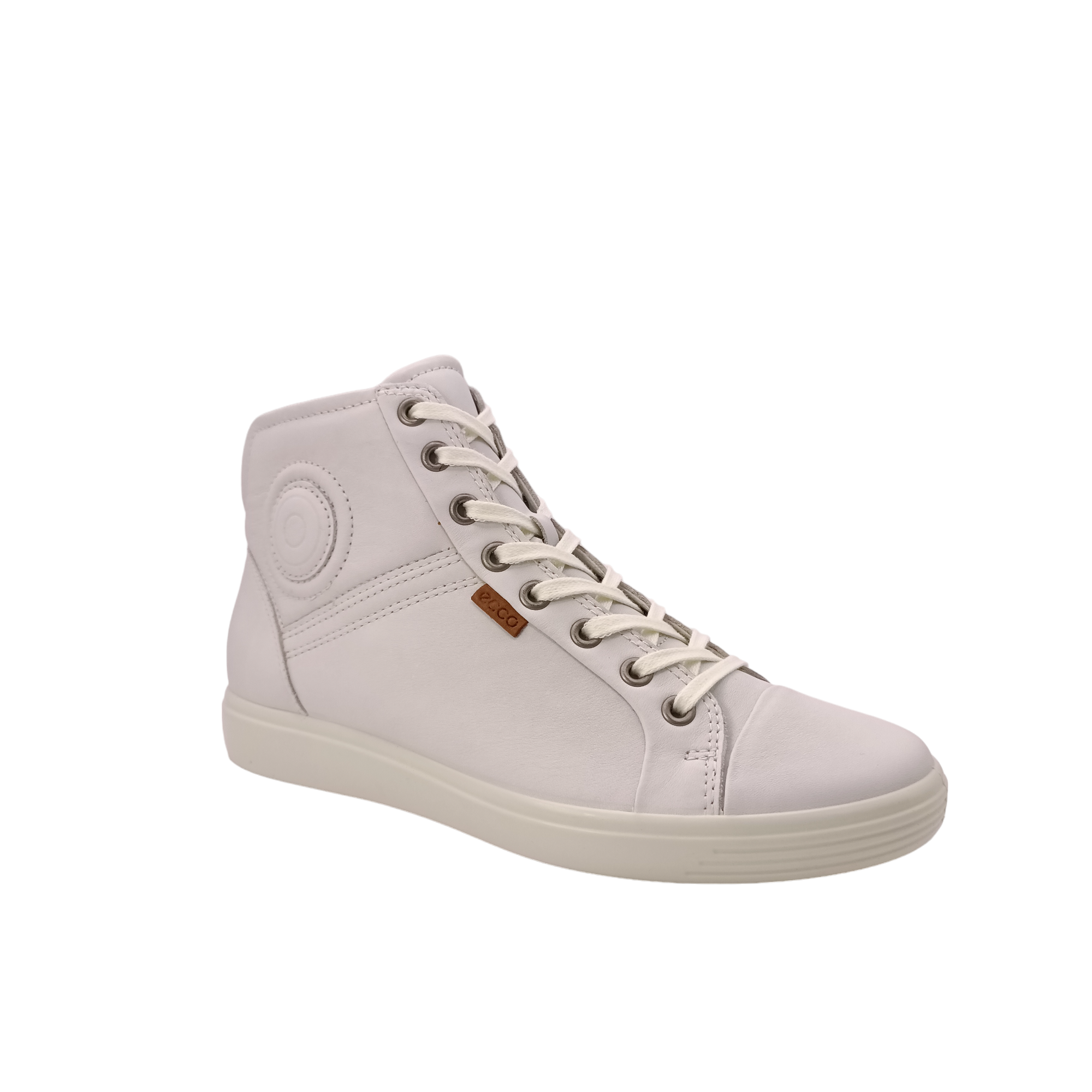 White Circle pattern on side top with a v shape heel. Shop Womens Hi-cut white sneaker from Ecco. Shop shoe&me Mount Maunganui NZ.