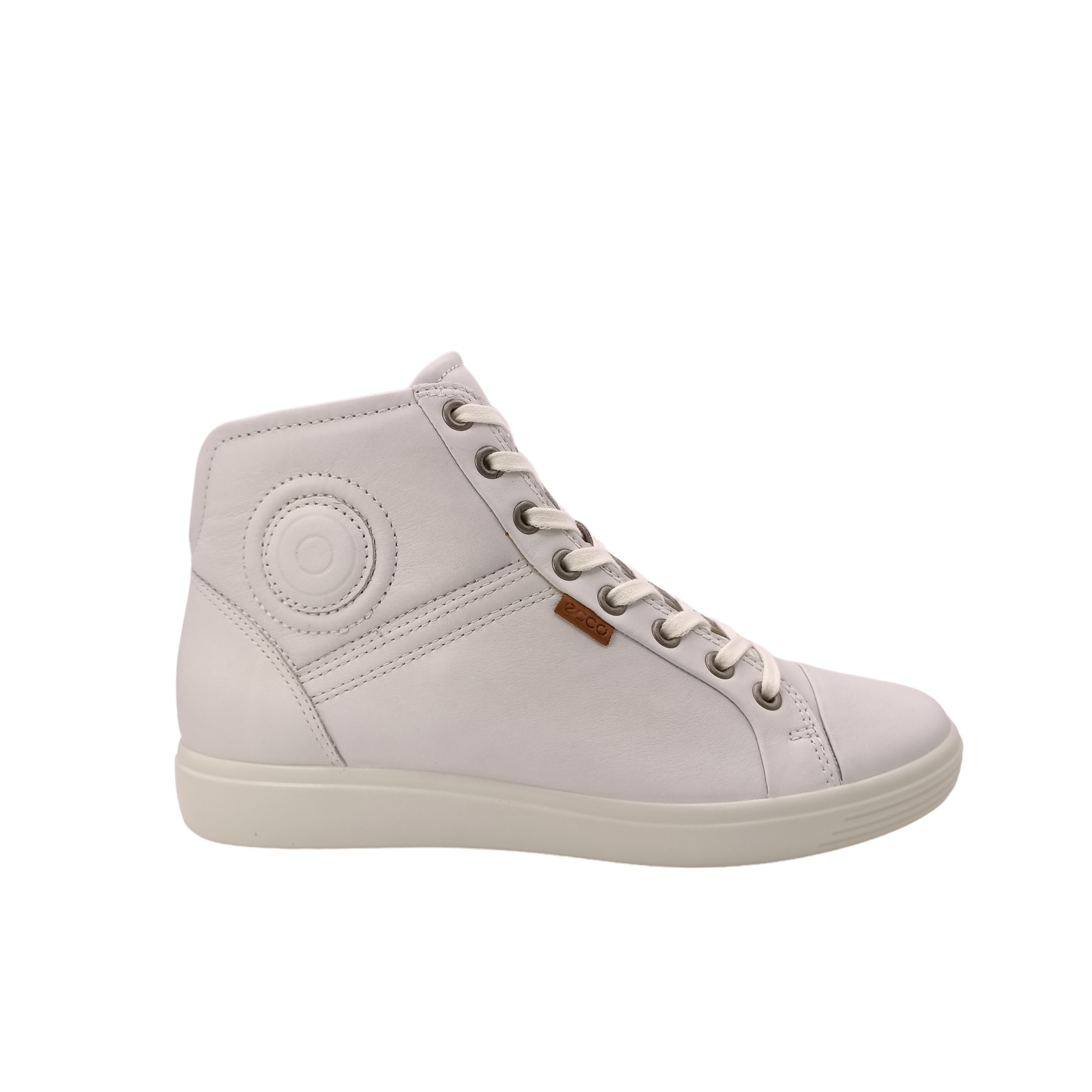 White Circle pattern on side top with a v shape heel Shop Womens Hi-cut white sneaker from Ecco.  View of side white leather sneaker with white laces. Shop shoe&me Mount Maunganui NZ.