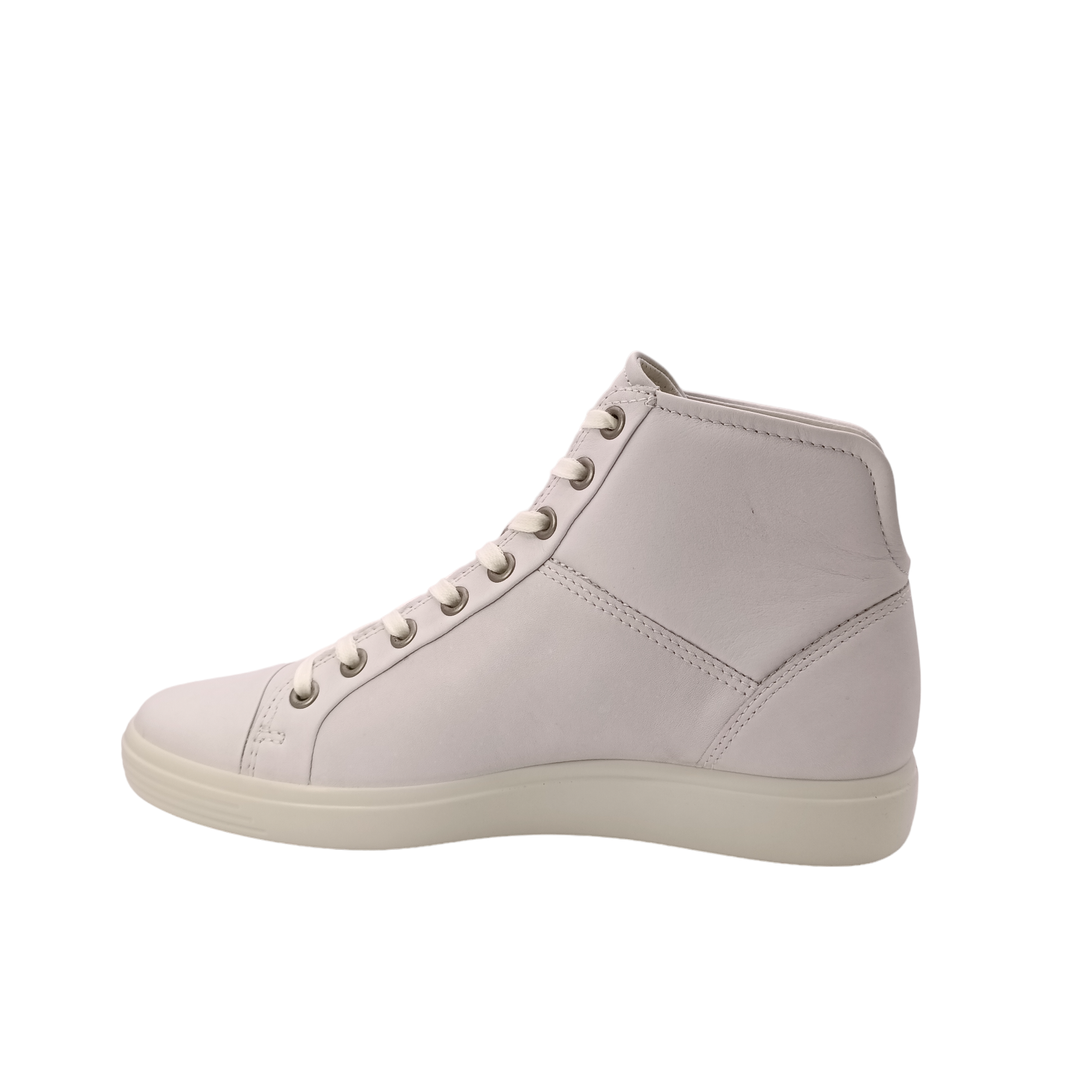 White Circle pattern on side top with a v shape heel Shop Womens Hi-cut white sneaker from Ecco.  View of side white leather sneaker with white laces. Shop shoe&me Mount Maunganui NZ.