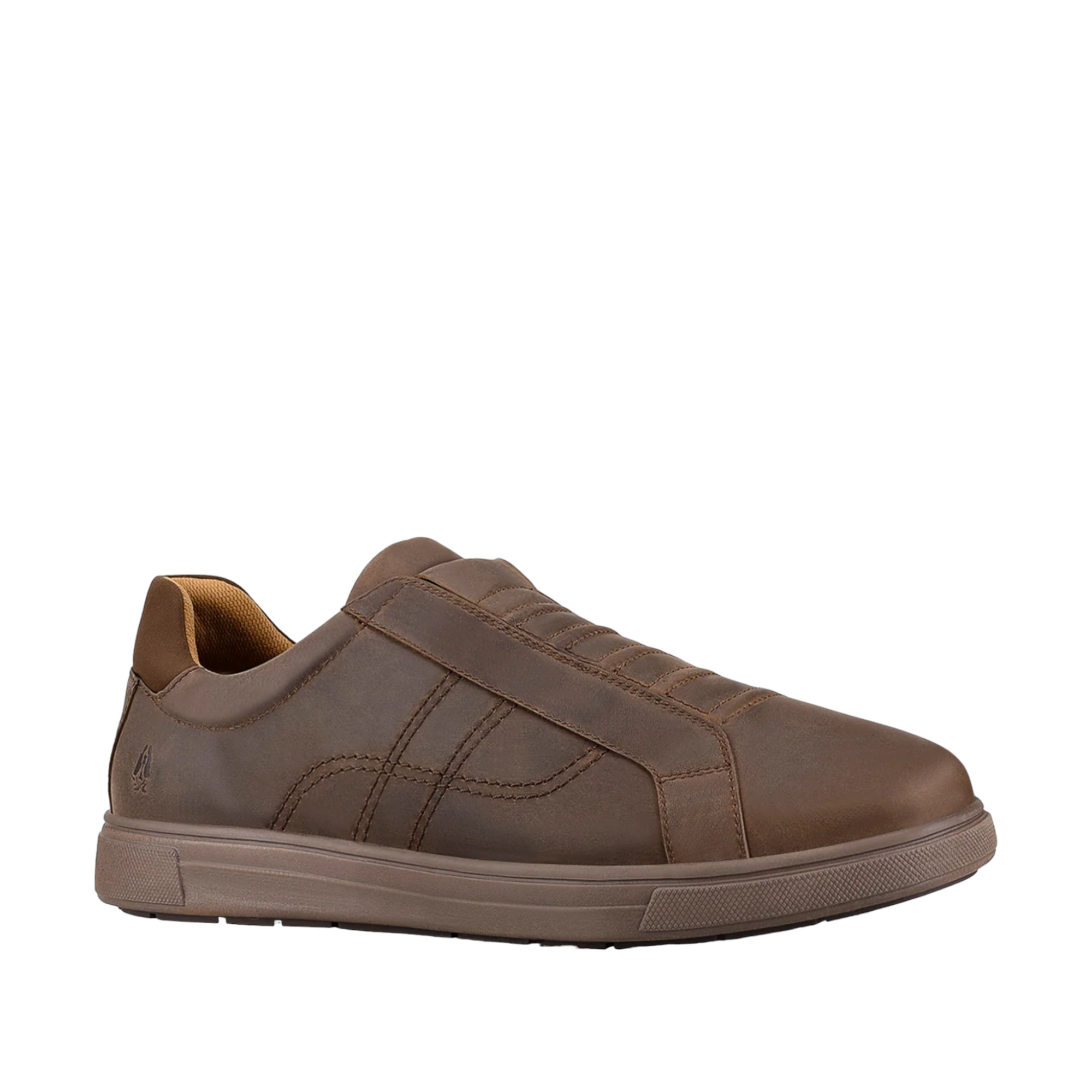 Side View of brown oiled leather, with external stitchinmg pattern and a suede heel. No laces-Slip on. Shop Mens and Womens Hush Puppy Winter Shoes, and other styles available online and in-store with shoe&me Mount Maunganui Tauranga NZ.