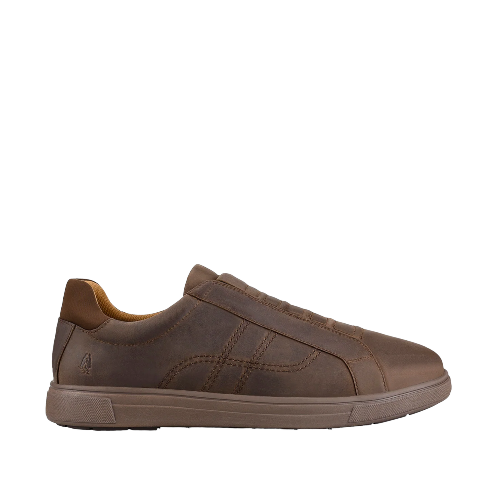 Side View of brown oiled leather, with external stitchinmg pattern and a suede heel. No laces-Slip on. Shop Mens and Womens Hush Puppy Winter Shoes, and other styles available online and in-store with shoe&me Mount Maunganui Tauranga NZ.