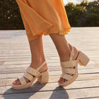 Beige sandals worn with a yellow dress on a wooden deck