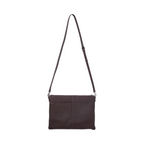 Back view of stevie chocolate briarwood bag. Front pocket Long shoulder strap with top strap with a tassle attached to the zip along the top of the bag. Dark Chocolate tubled leather look. Available with shoe&me Mount Maunganui Tauranga NZ.