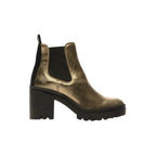 Bronze metallic ankle boot with block heel on a white background