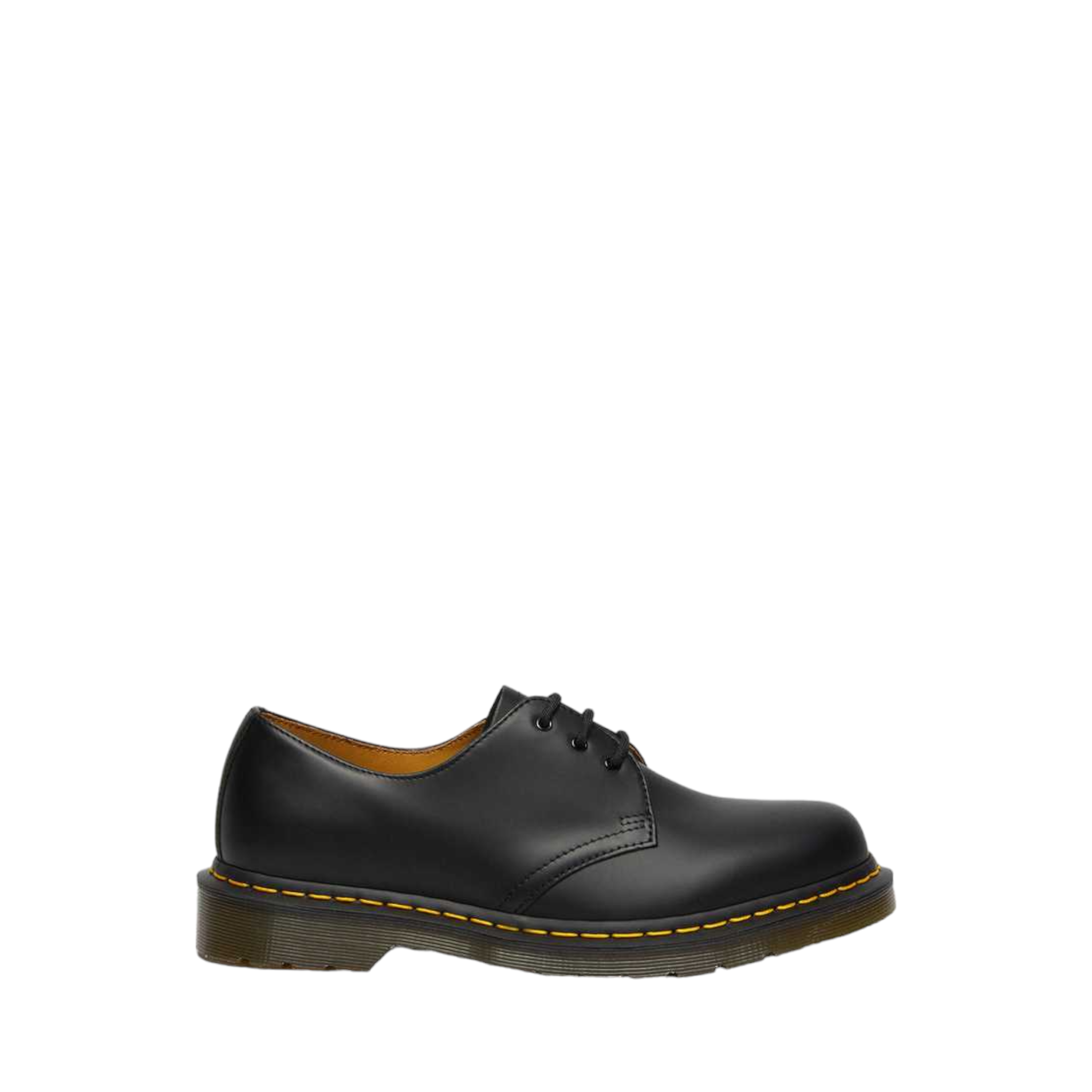 Side view of black smooth leather Dr. Martens. Shop Womens and Mens Black 1461 Black Leather Dr Martens available online and in-store with shoe&me Mount Maunganui