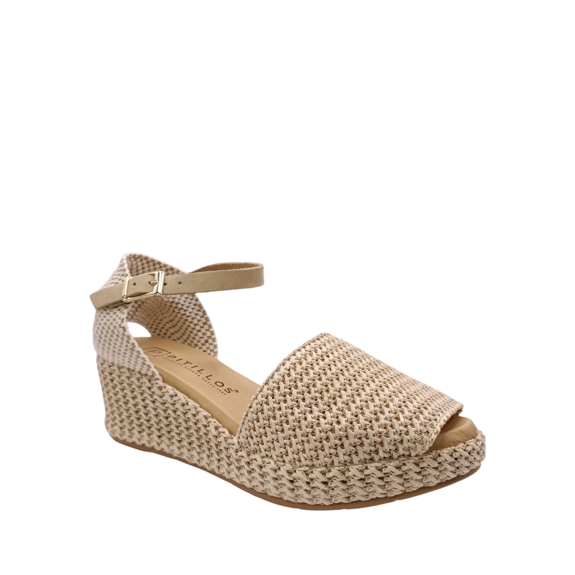 Side angled view of 5532 Pitillos Wedge Sandal with leather upper and a beige leather ankle adjustable strap. A woven material closed in heel and upper over the toe. Shop online and in-store with shoe&me Mount Maunganui 