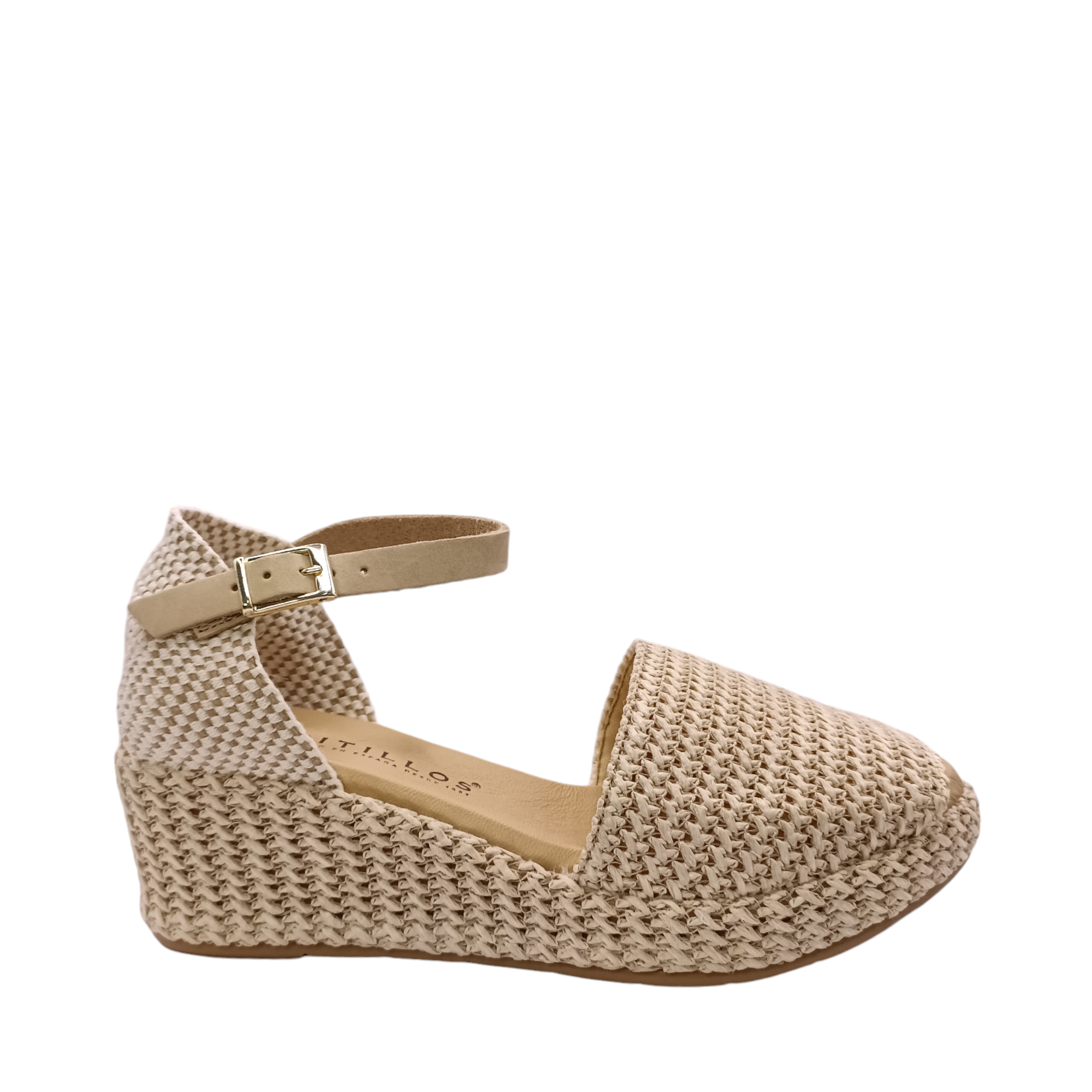 Inner-side view of 5532 Pitillos Wedge Sandal with leather upper and a beige leather ankle adjustable strap. A woven material closed in heel and over the toe upper. Shop online and in-store with shoe&me Mount Maunganui 