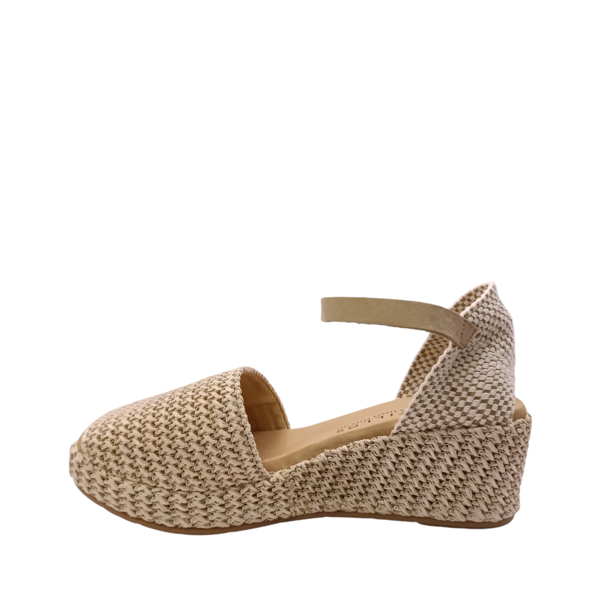 Inner-side view of 5532 Pitillos Wedge Sandal with leather upper and a beige leather ankle adjustable strap. A woven material closed in heel and over the toe. Shop online and in-store with shoe&me Mount Maunganui 