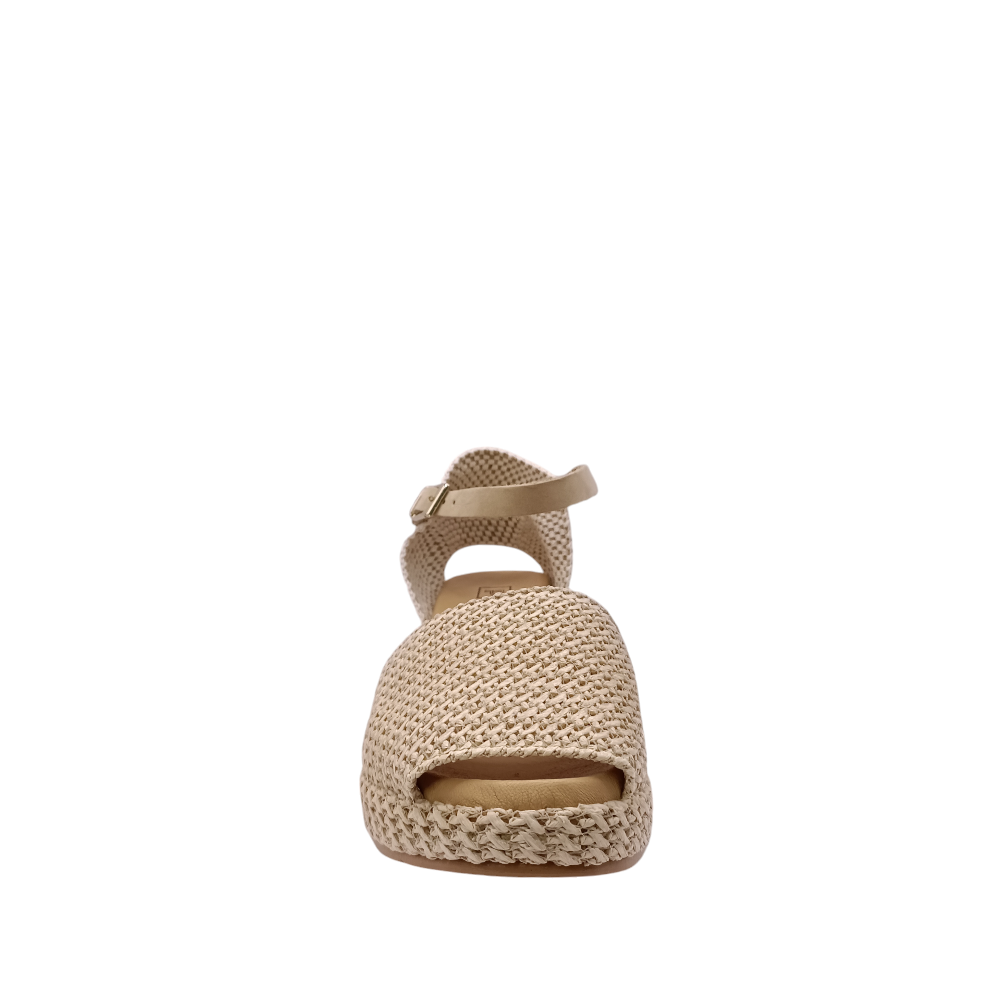 Front view of 5532 Pitillos Wedge Sandal with leather upper and a white leather ankle adjustable strap. A woven material closed in heel. Shop online and in-store with shoe&me Mount Maunganui 