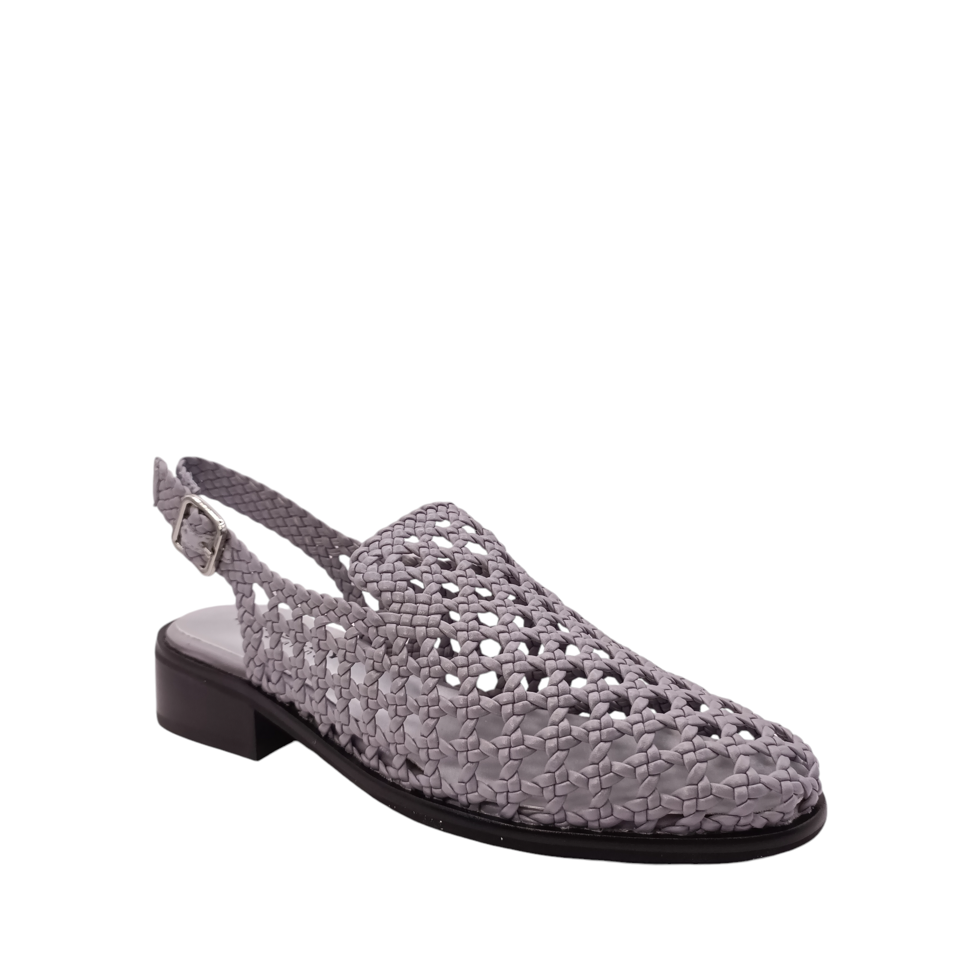 Side angled view of Apin from Bresley. Grey leather slide with a small black heel. A weaved upper  with an adjustable back strap and a closed in toe. Shop Womens Slip-on Slides online and in-store with shoe&me Mount Maunganui NZ