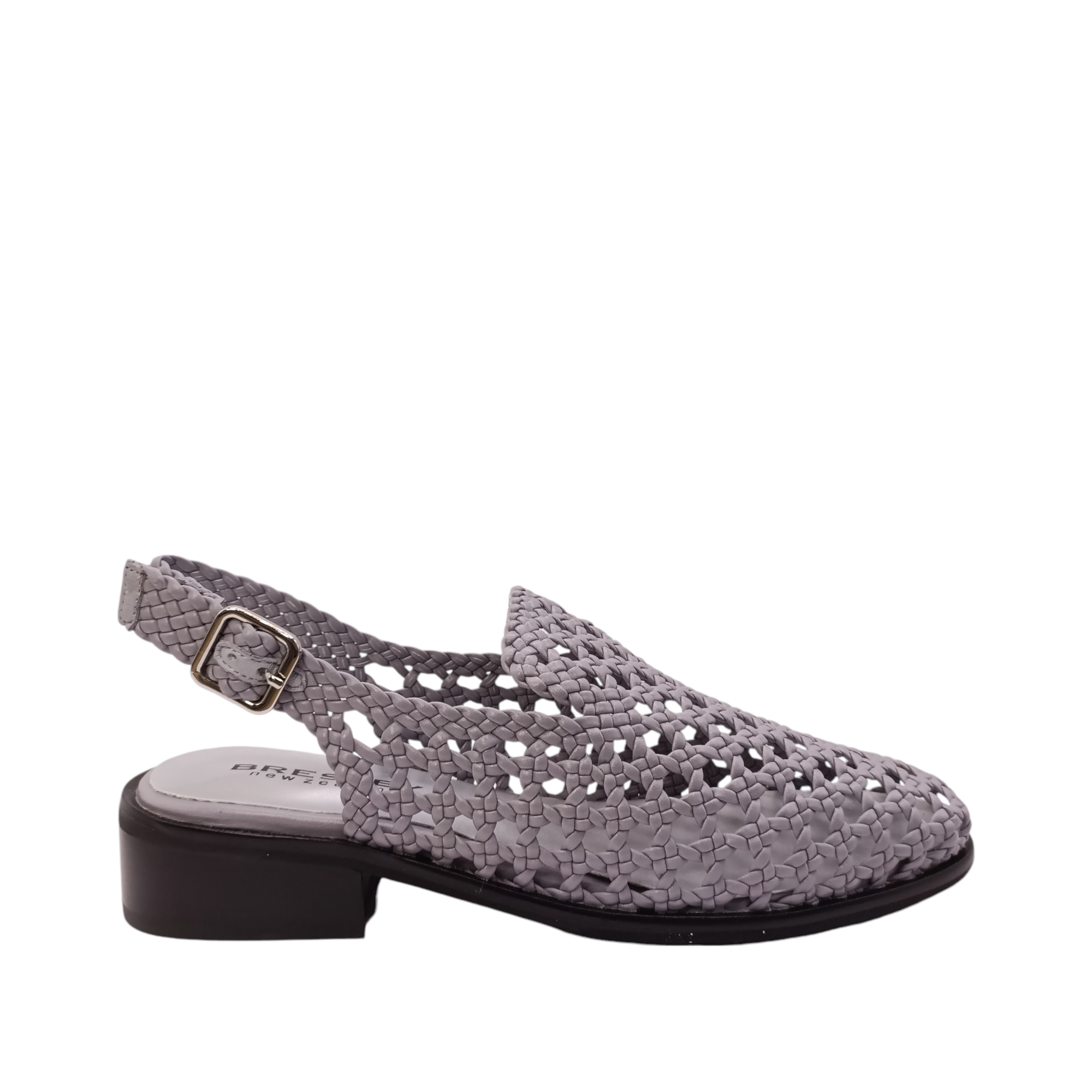 Side view of Apin from Bresley. Grey leather slide with a small black heel. A weaved upper  with an adjustable back strap and a closed in toe. Shop Womens Slip-on Slides online and in-store with shoe&me Mount Maunganui NZ