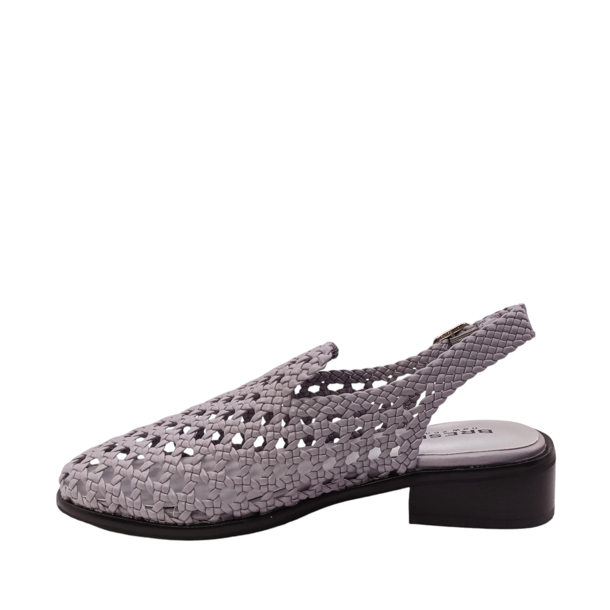 View of the Side of Apin from Bresley. Grey leather slide with a small black heel. A weaved upper  with an adjustable back strap and a closed in toe. Shop Womens Slip-on Slides online and in-store with shoe&me Mount Maunganui NZ