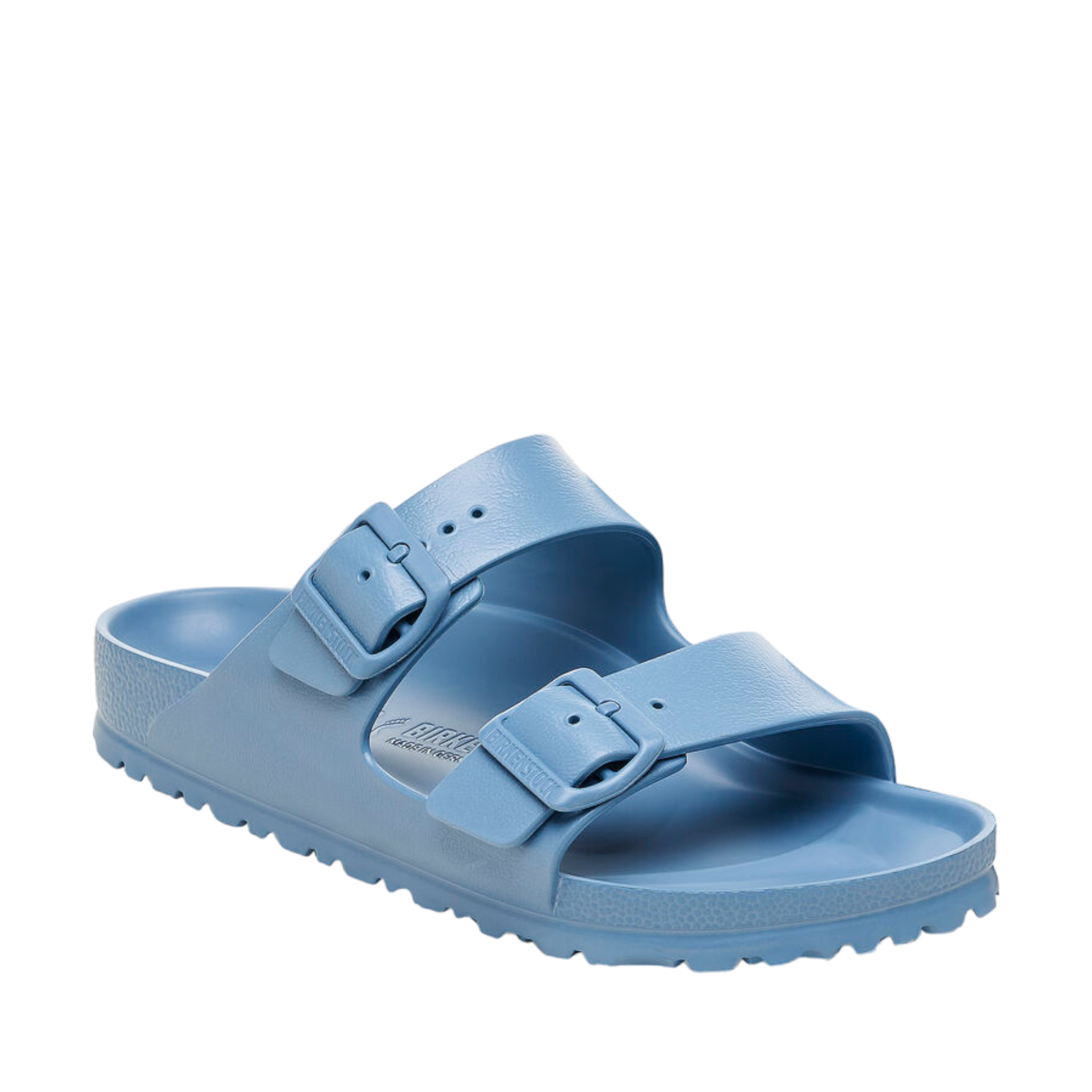 Front angle view of Elemental blue Arizona Sandal from Birkenstock. Two buckles straps over the top of the foot. Buckle is blue. Shop Online and In-store with shoe&amp;me Mount Maunganui. 