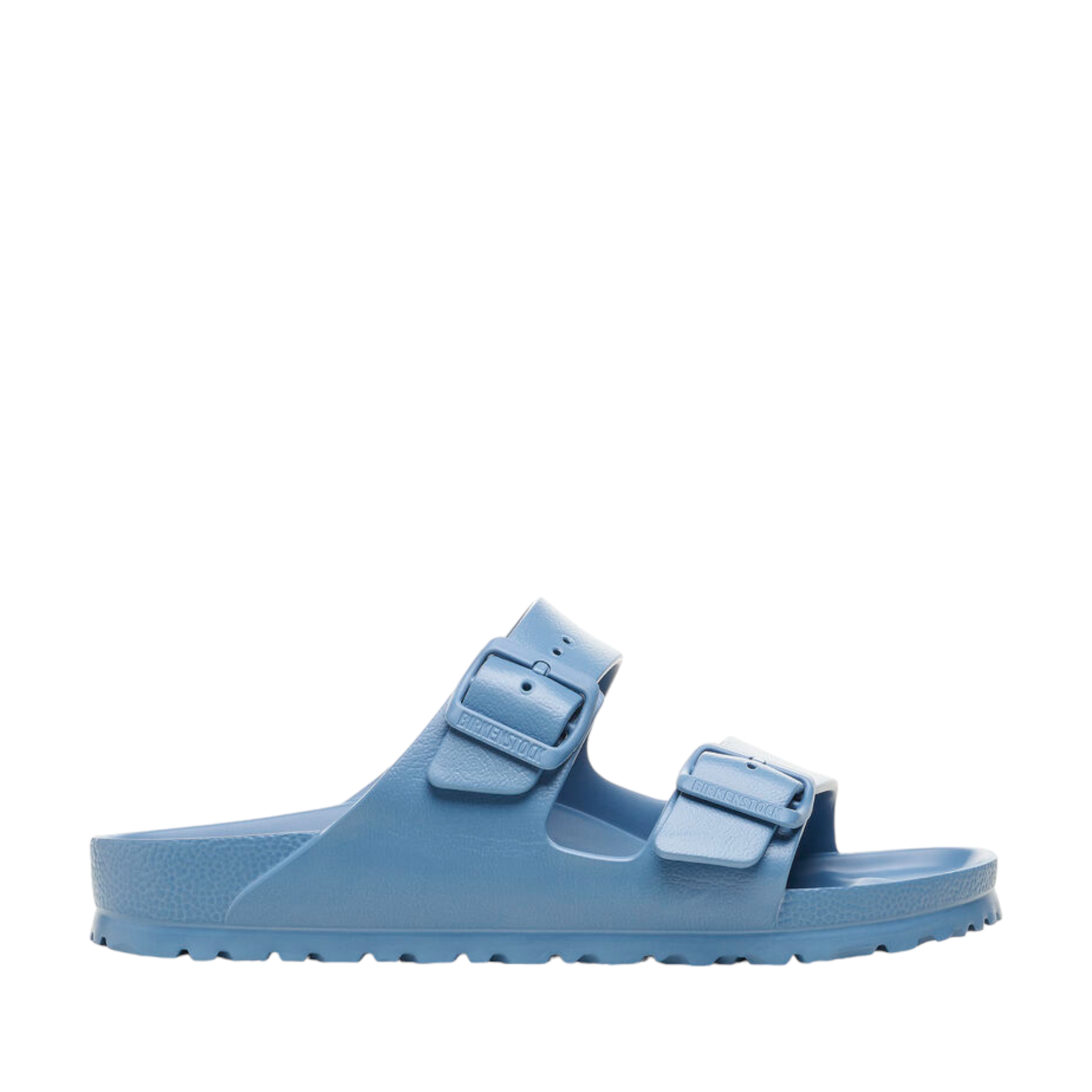 Side angle view of Elemental blue Arizona Sandal from Birkenstock. Two buckles straps over the top of the foot. Buckle is blue. Shop Online and In-store with shoe&amp;me Mount Maunganui. 