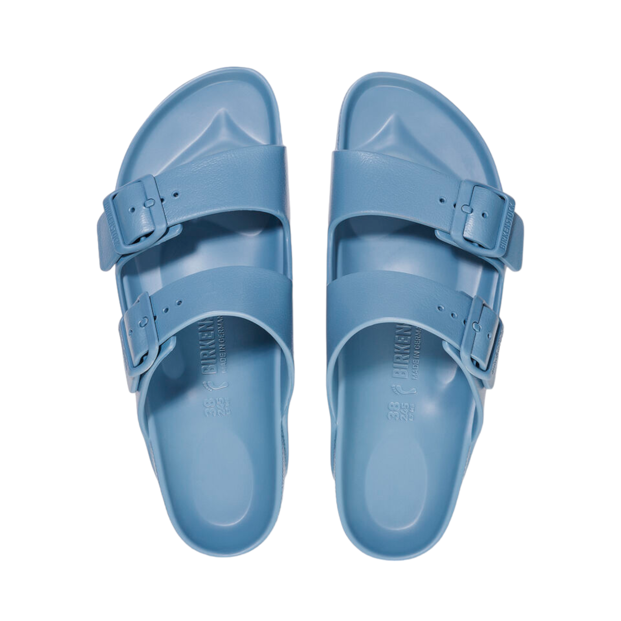 Top view of Elemental blue Arizona Sandal from Birkenstock. Two buckles straps over the top of the foot. Buckle is blue. Shop Online and In-store with shoe&amp;me Mount Maunganui. 