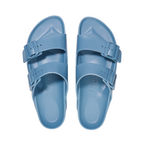 Top view of Elemental blue Arizona Sandal from Birkenstock. Two buckles straps over the top of the foot. Buckle is blue. Shop Online and In-store with shoe&me Mount Maunganui. 