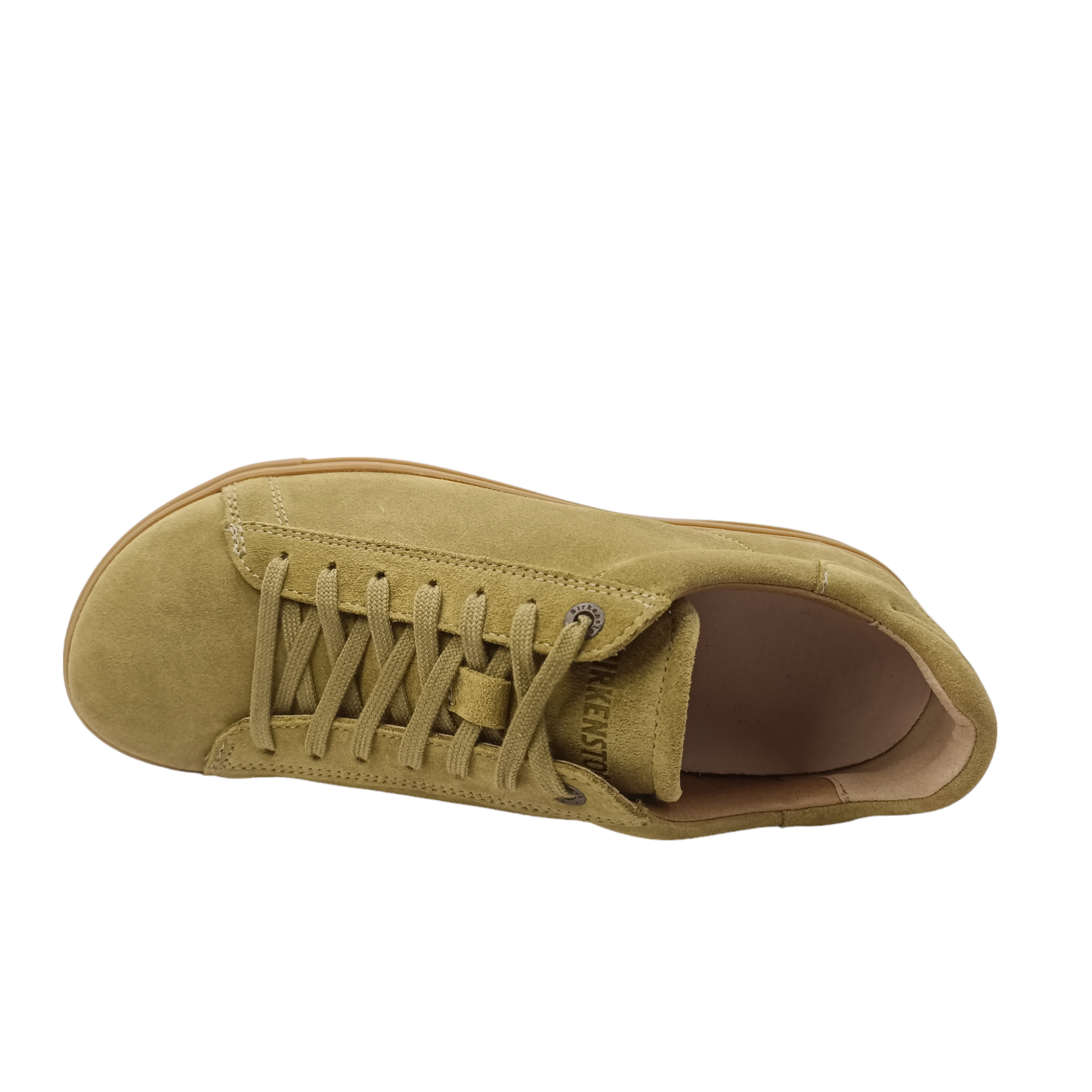 Shop Women's Birkenstock shoes. Top view of Khaki Suede Sneaker with tan coloured sole with a small cork line around the heel. Green Laces with a padded heel. Shop Birkenstock Shoes Online and In-store with shoe&me Mount Maunganui NZ