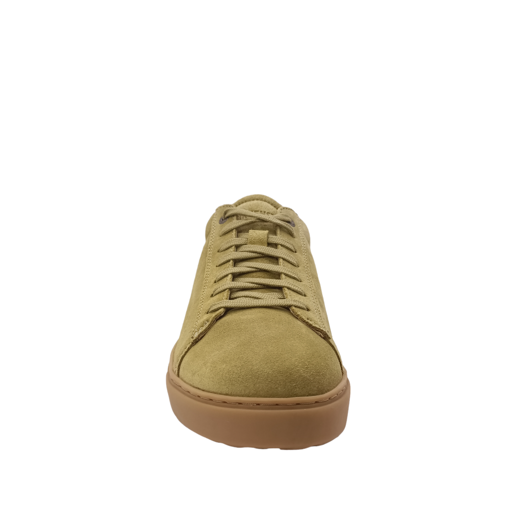 Shop Women's Birkenstock shoes. front view of Khaki Suede Sneaker with tan coloured sole with a small cork line around the heel. Green Laces with a padded heel. Shop Birkenstock Shoes Online and In-store with shoe&me Mount Maunganui NZ