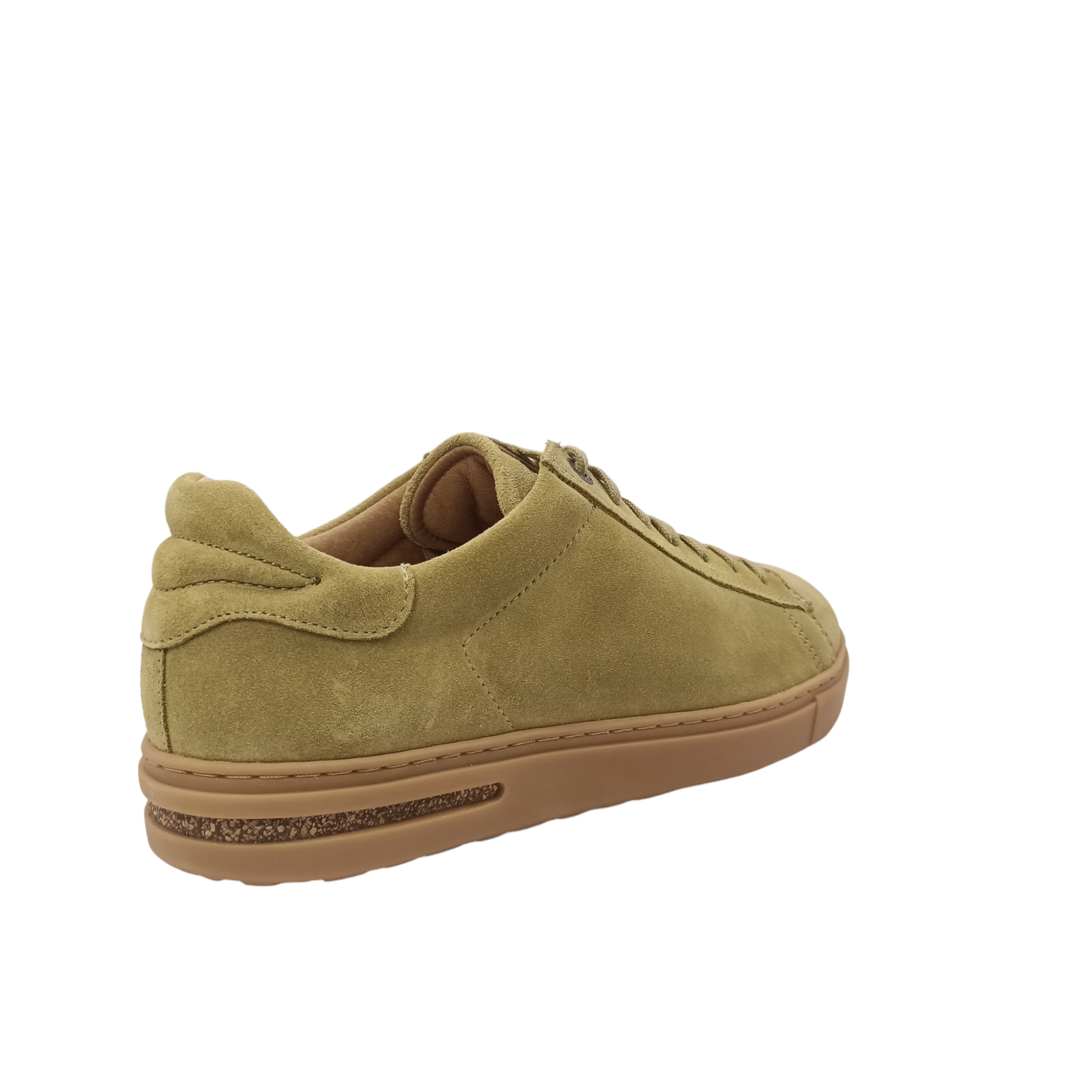 Shop Women's Birkenstock shoes. Back Angled view of Khaki Suede Sneaker with tan coloured sole with a small cork line around the heel. Green Laces with a padded heel. Shop Birkenstock Shoes Online and In-store with shoe&me Mount Maunganui NZ
