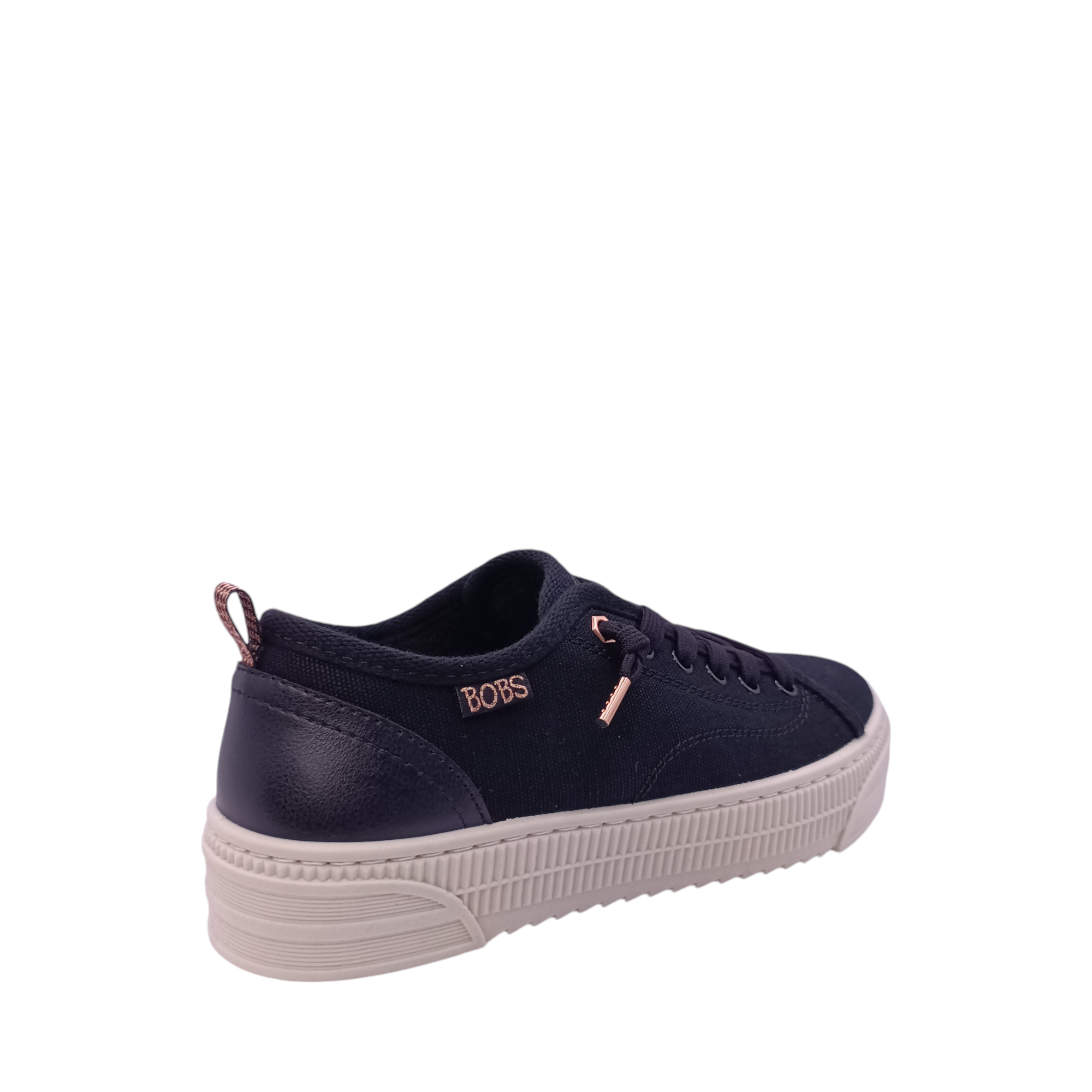 Back angled view of Bobs Copa Skechers sneaker. Black vegan sneaker with rose gold heel pull-tab and lace accents. White sole. Shop Womens Sneakers and Skechers Online and In-store with shoe&amp;me Mount Maunganui