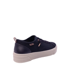 Back angled view of Bobs Copa Skechers sneaker. Black vegan sneaker with rose gold heel pull-tab and lace accents. White sole. Shop Womens Sneakers and Skechers Online and In-store with shoe&me Mount Maunganui